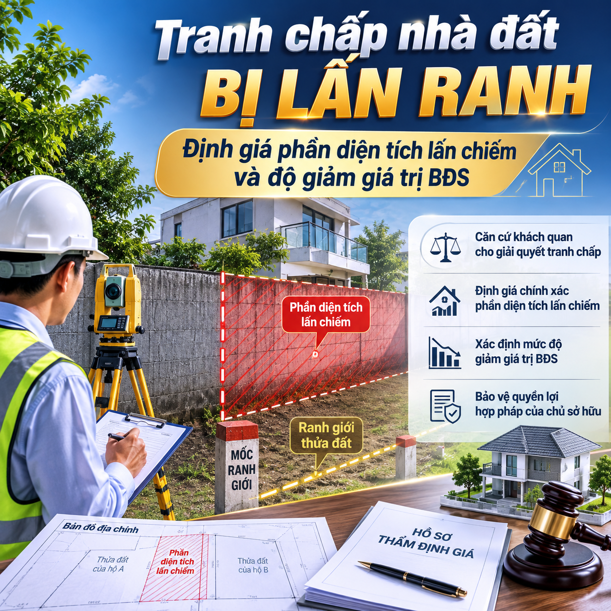 TRANH CHẤP NHÀ ĐẤT BỊ LẤN RANH: ĐỊNH GIÁ PHẦN DIỆN TÍCH LẤN CHIẾM VÀ ĐỘ GIẢM GIÁ TRỊ BĐS